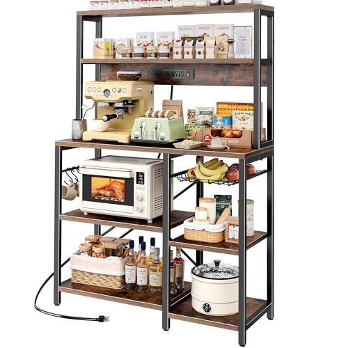 SUPERJARE Bakers Rack with Power Outlet, 35.4 Inches Coffee Bar with Basket