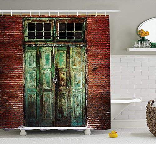 Casepillows Rustic Shower Curtain, Rusty Old Door of Red Brick Wall House Dirty Doorway Front Exist Retro Textured Art Photo, Fabric Bathroom Decor Set with Hooks, 105 inches Extra Wide, Green