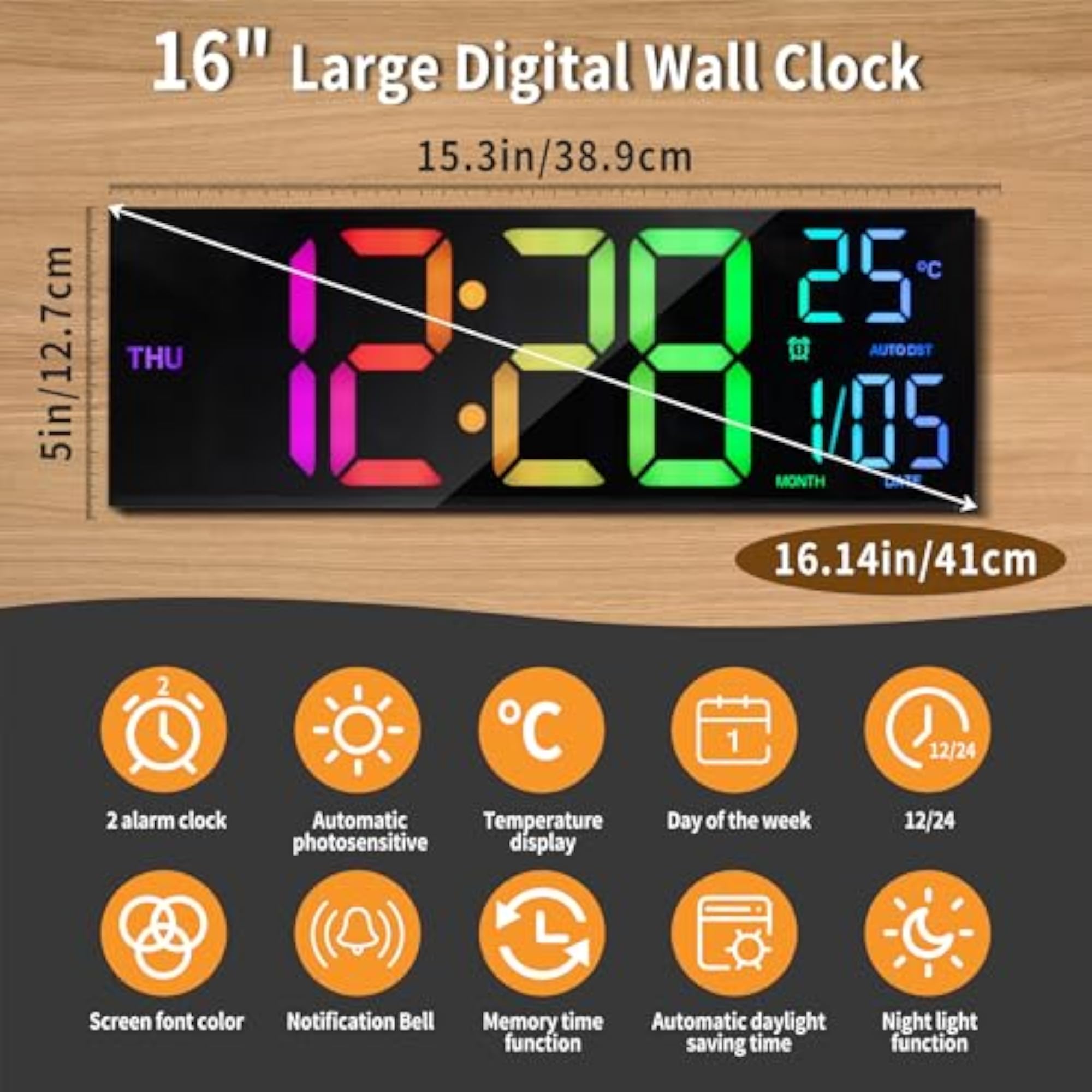 Large Digital Wall Clock with RGB Color