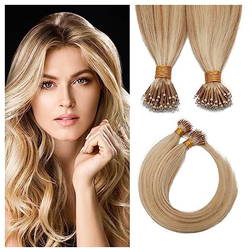 SEGO Nano Bead Ring Human Hair Extension Pre Bonded Nano Tip Remy Hair Extensions Micro Beads Rings Loop Hand Tied Hairpiece 20 Inch #18P613 Ash Blonde&Bleach Blonde 1g/strand 50g/pack