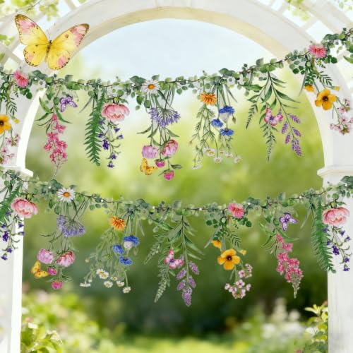 SUNBEAUTY Wildflower Banner 2 Pcs Waterproof Garland 2-Sided Printed Garden Party Flower 2x4.9FT Reusable Pre-stringing Hanging Decor for Garden Tropical Baby Shower Birthday Tea Party Supplies