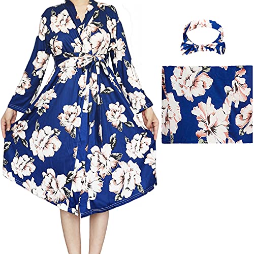 Image of SUFEINI Maternity Robe and Matching Baby Swaddle Blanket Set, Mommy Robe with Receiving Blanket Girls Boys Sleepwear