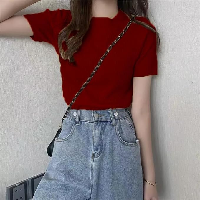 Image of Typical Fashion Women's Ribbed Knit Slim Fit Top - Short Sleeve, Round Neck, Stretchable Stylish T-Shirt for Casual & Formal Wear