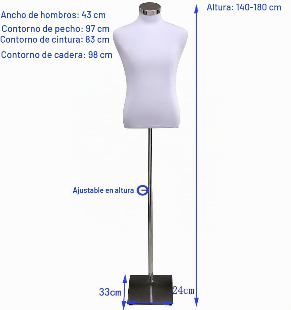 Loywe Maniquí Busto Masculina de Hombre, Soporte de Ropa, Exhibición de Escaparate, Ajustable de Altura, Base de cuadrada metal, Blanco Gr. 46/48 LW6001W