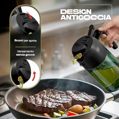 Portentum Spruzzino Olio Per Friggitrice Aria 470 Ml 2 In 1 Funzione Spray E Versamento – Oliera Spray Vetro Verde Protezione Dalla Luce – Etichette Multilingua – Nebulizzatore Insalate E Grigliate - 4