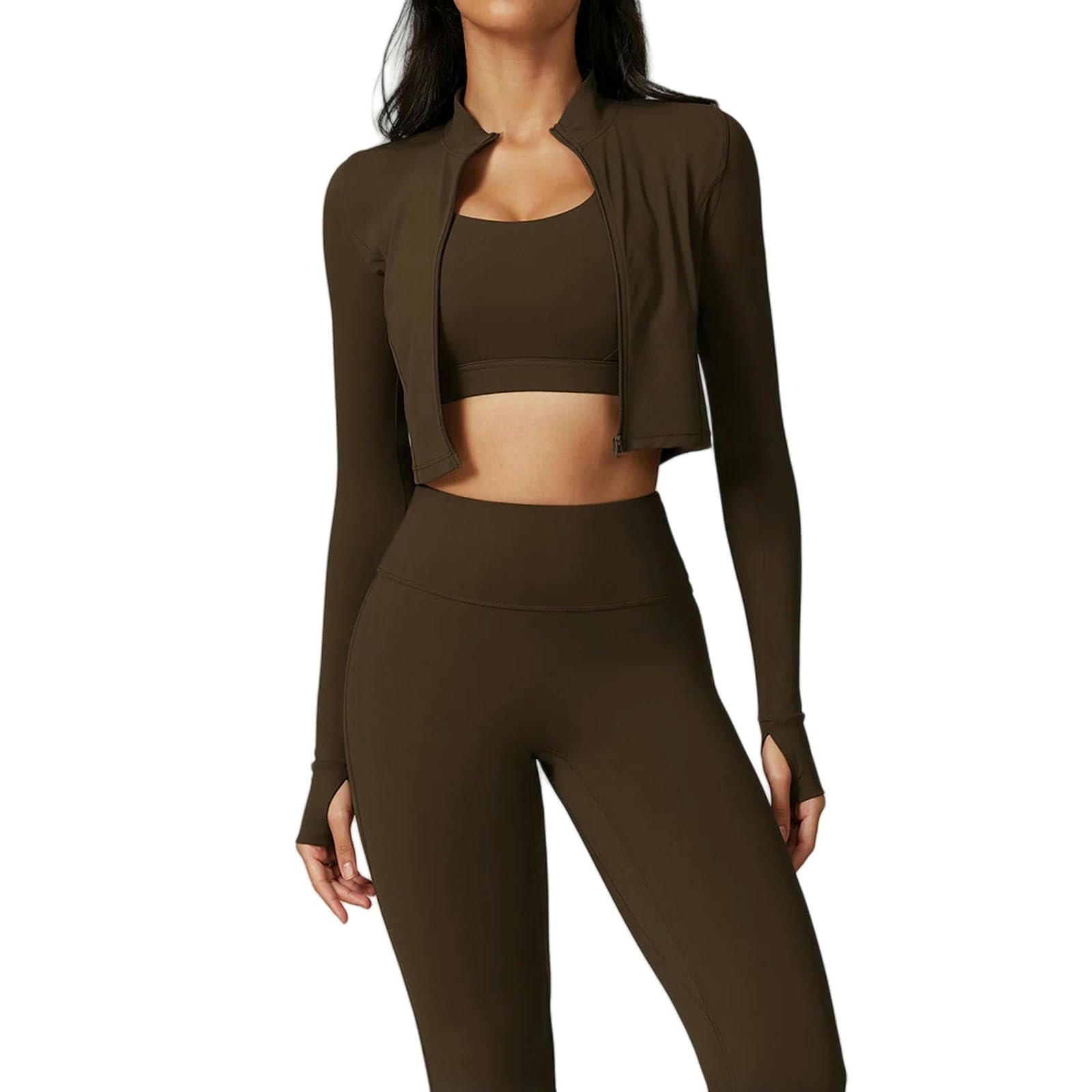 Shapewear 3pcs Yoga Set Women Workout Sets Sportswear Fitness Zipper Long Sleeve Leggings High Waist Sports Suits-jiaocha Coffee_a-m