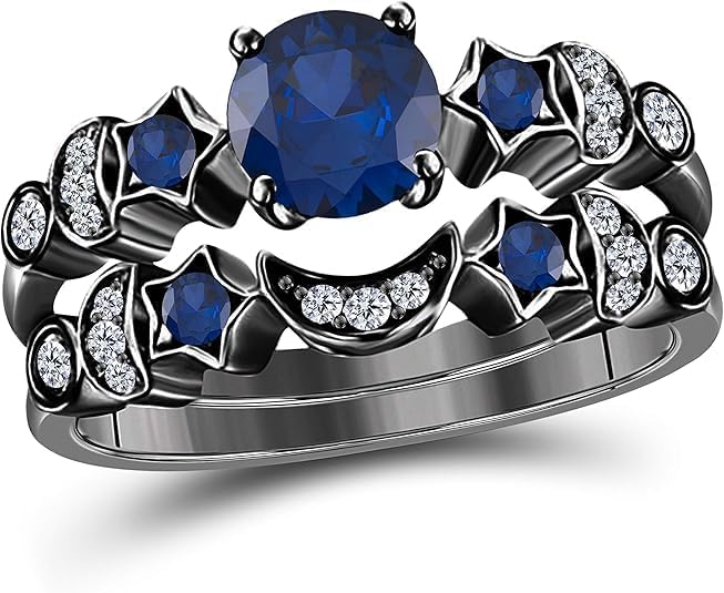 Moon & Star Style Wedding Band Bridal Set 1.75 tcw CZ Blue-Sapphire & Cubic Zirconia Round Engagement Ring Set 14k Black Gold Plated 925 Sterling Silver