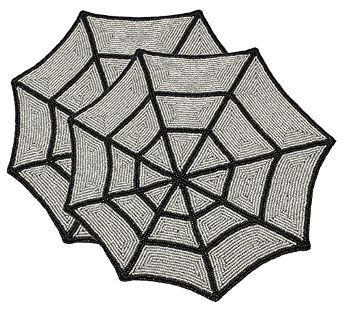 COTTON CRAFT Glitz Handmade Beaded Charger Placemats - Set of 2 - Halloween Harvest Autumn Fall Thanksgiving Holiday Christmas Xmas Dining Celebration Festive Décor - 13.5 in - Spider Web Silver Black