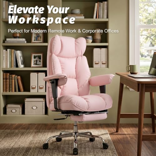 Image of Efomao Executive Office Chair 400lbs,Pink Big and Tall Desk Chair | Mattress-grade pocket spring cushion, sleek leather, 135 recline & footrest for computer gaming setup.