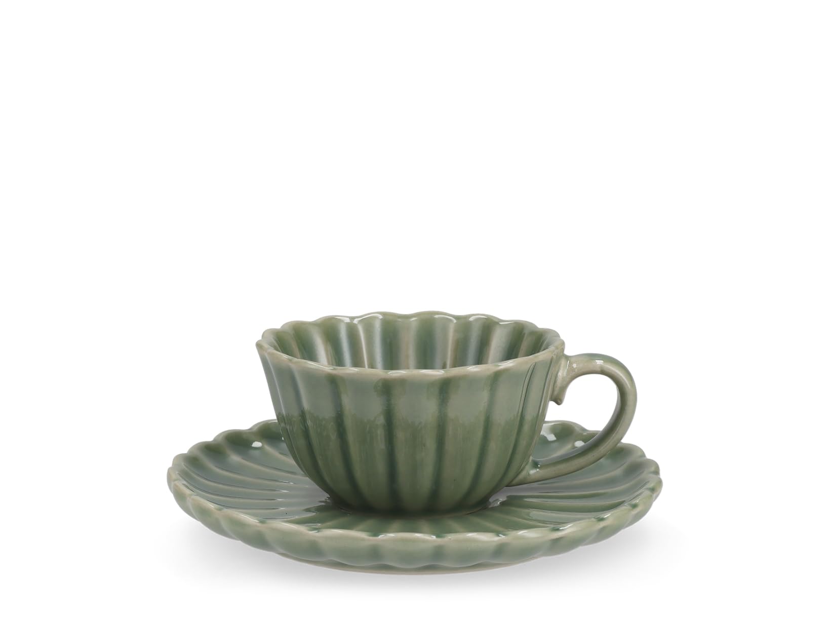 H&H Set 6 Tazze Caffè con Piattino 120 cc in Stoneware Verde – Tazzine Espresso con Piattini, Design a Rilievo Effetto Petalo, Lavastoviglie e Microonde