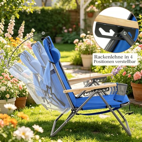 Chaise de camping pliable robuste dossier inclinable bleu Oxford 600D - 3
