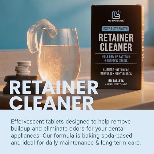 Image of Retainer Cleanser Tablets Cleaner, Removes Odors Discoloration Stains and Plaque 2 Month Supply Denture Cleansers Retainers Mouth Guards Denture Bath Mint by M3