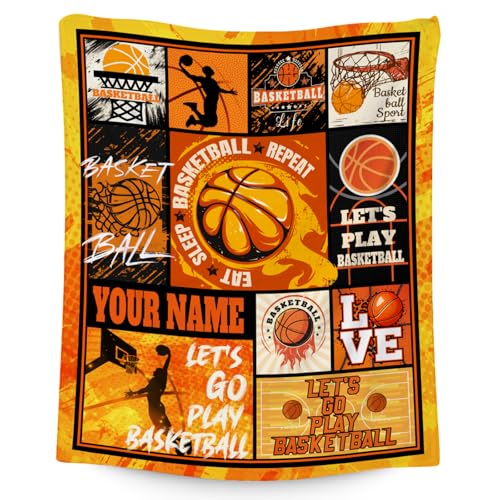 Custom Basketball Blanket - 40x50 Inches Sports Throw Blanket for Boys Kids - Orange Soft Fuzzy Blankets for Couch, Sofa & Office