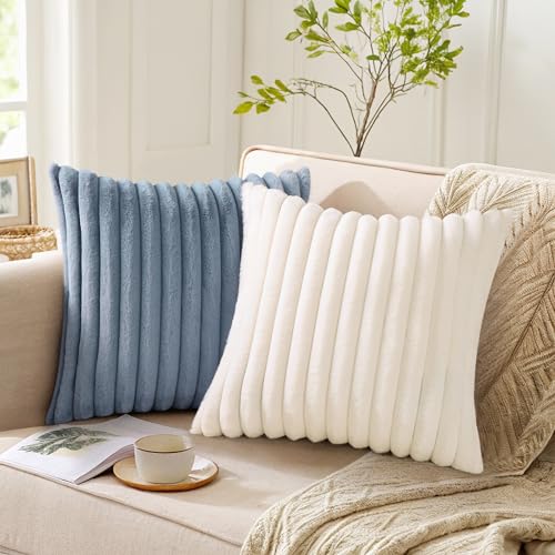 Image of Pallene Faux Fur Plush Throw Pillow Covers 26x26 Set of 2, Luxury Soft Fluffy Striped Decorative Pillow Covers for Sofa, Couch, Living Room, Blue Grey