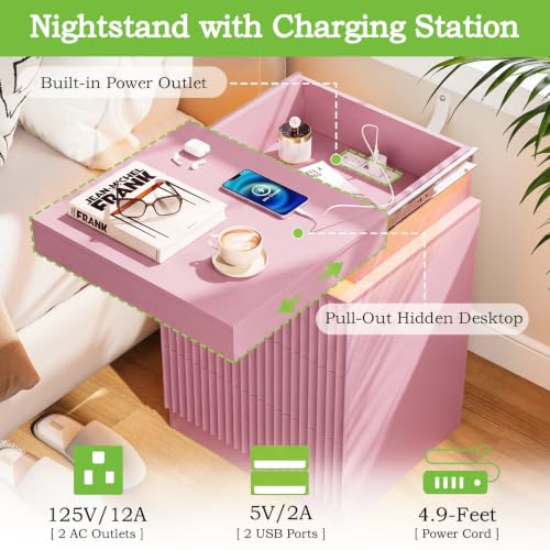 Image of Fluted LED Night Stand with Charging Station, Pink