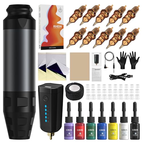 RHEIN Tattoo Gun Kit Tattoo Pen Machine with 1600mAh Battery Adjustable Voltages 10Pcs Cartridge Needles 7 Inks for Artists and Beginners RNP76KITUK-7 RHEIN Tattoo Gun Kit Tattoo Pen Machine with 1600mAh Battery Adjustable Voltages 10Pcs Cartridge Needles 7 Inks for Artists and Beginners RNP76KITUK-7