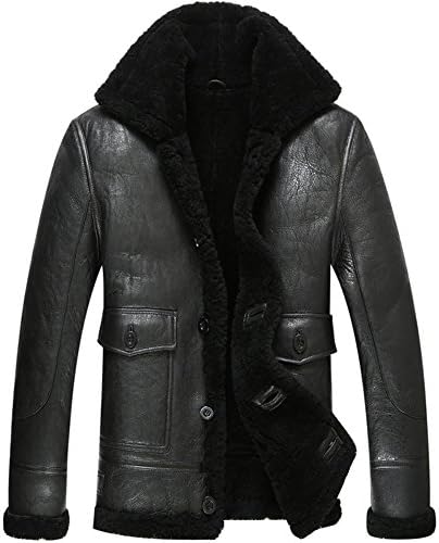 Leather Jacket Men Shearling Coat Pilot Outerwear B3 Men Casual Lapel Parka (S, Black)