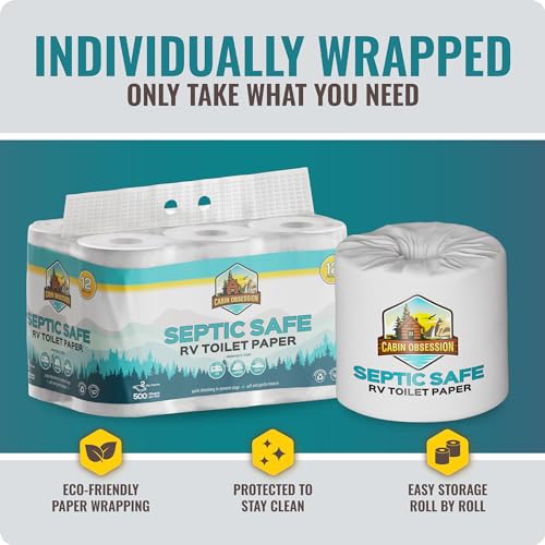 Image of RV Toilet Paper - 12 Pack Septic Safe Toilet Paper 2-Ply Quick Dissolving Camper Tissue Paper Septic Safe to Prevent Clogs - Perfect for Automotive RVs, Septic Tank Systems, Boats, and Camping
