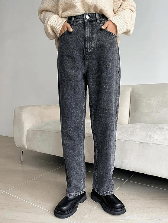 Image of Women's Denim Straight Fit Boyfriend Jeans BLACK-28