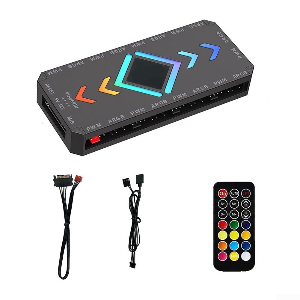 ARGB Controller Hub con 9 porte, controllo della ventola da 5 V a 3 pin, controllo della temperatura, magnetico, telecomando senza fili per alloggiamento PC (nero)