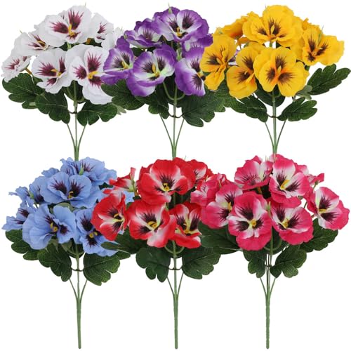 NatureMan Lot de 6 fleurs de pensées artificielles résistantes aux UV pour extérieur, rebord de...