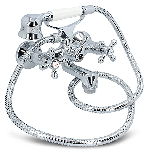Nostalgie Retro Badewannenarmatur + Handbrause Duschkopf Mit Schlauch Zwei Griffe Mischbatterie Badewanne Wasserhahn Bad Messing Verchromt | Vintage Kreuzgriff Armatur Hot & Cold Wandmontage