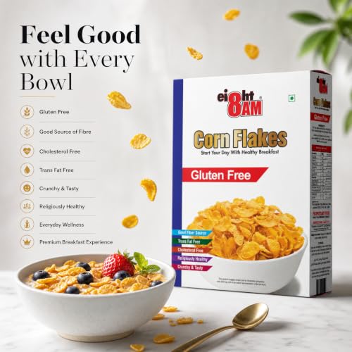 Image of 8AM Corn Flakes Gluten Free 300g (Pack of 2), 99% Fat Free & Cholesterol Free, Trans Fat, Crunchy & Delicious, Nutritious Whole Grain Breakfast Cereal