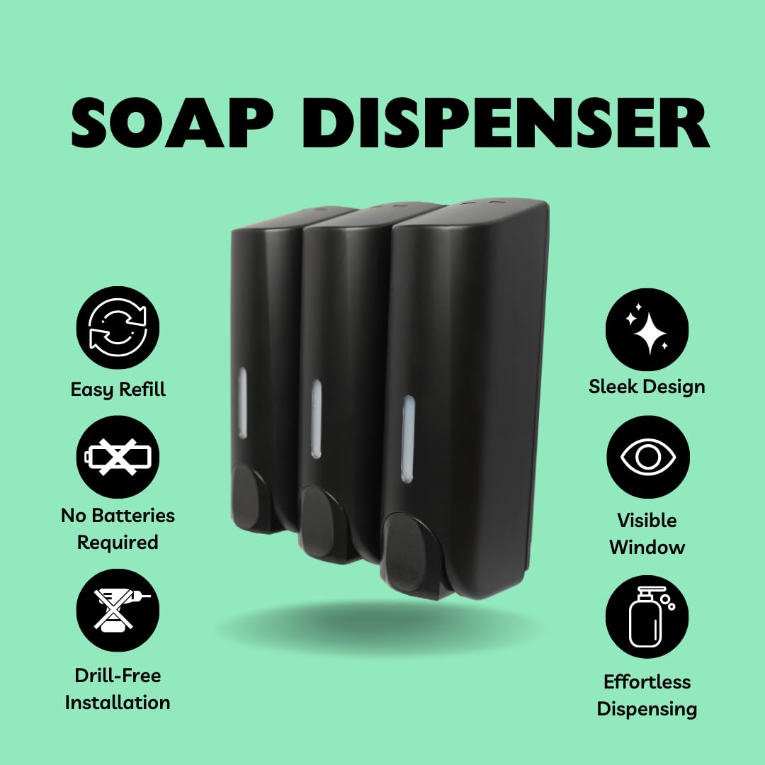 ComforTec Triple Soap Dispenser Set Wall Mounted with 3 Pump Heads for Bathroom Shower Gel Shampoo Conditioner Lotion Dispenser Set of 3, Black