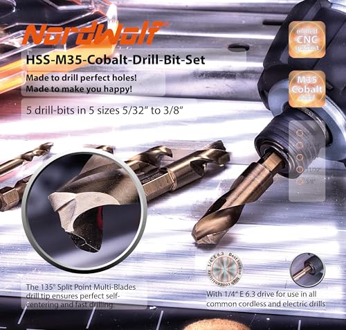 NordWolf 5-Piece M35 Cobalt Stubby Drill Bit Set for Stainless Steel & Hard Metals, with 1/4" Hex Shank for Quick Chucks & Impact Drivers, SAE Sizes 5/32"-13/64"-9/32"-11/32"-3/8" in Storage Box