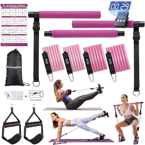 Pilates Bar Kit, ALongSong Gym Bar Kit with Resistance Bands 20-50lb, Portable Home Workout Equipment Adjustable Height Bands Bar Pilates Exercise Equipment for Home Full-Body