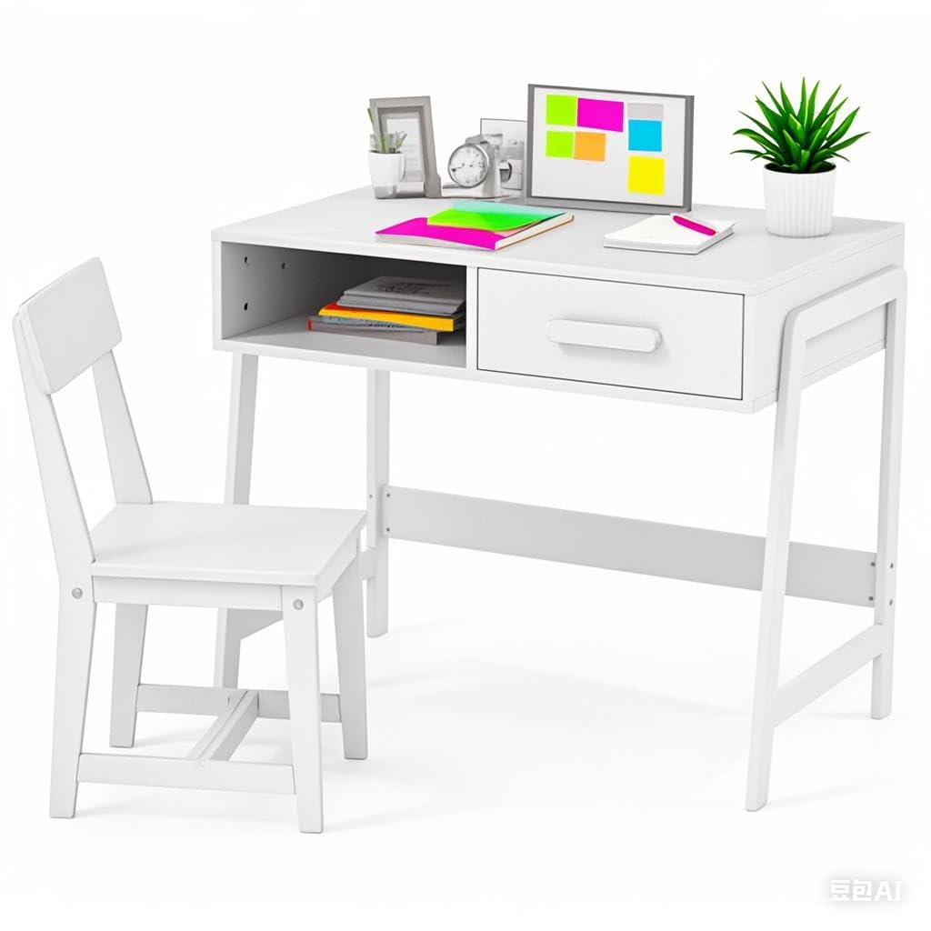 LIFEZEAL Set Scrivania e Sedia per Bambini 3+Anni, Scrivania con Cassetto, Banco Scuola, Tavolo da Studio, Sedia con Schienale, in Legno, per Cameretta, Giocare, Studiare, Multiattività (bianco)