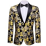 Barry.Wang Mens Flowers Blazer Yellow Suit Jacket Floral Jacquard Notched Lapel Tuxedo Casual Sport Coat Dinner Festival Homecoming
