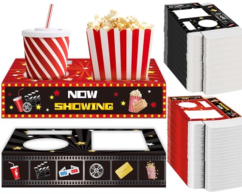 QOUBAI 50 Pcs Movie Night Supplies Movie Night Snack Trays Theater Snack Boxes Cinema Theme Paper Holder Popcorn Candy Drink Tray Box For Family Birthday Holiday Party
