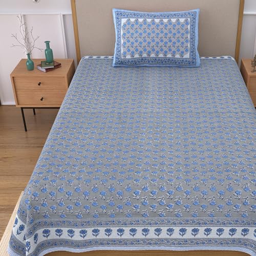 Image of 100% Cotton Single Bedsheet with 1 Pillow Cover | 240 TC Pure Cotton Flat Bed Sheet | Traditional Jaipuri Printed Bedding Set | Soft & Breathable | 60 x 90 Inch (Rangmahal Single 12)