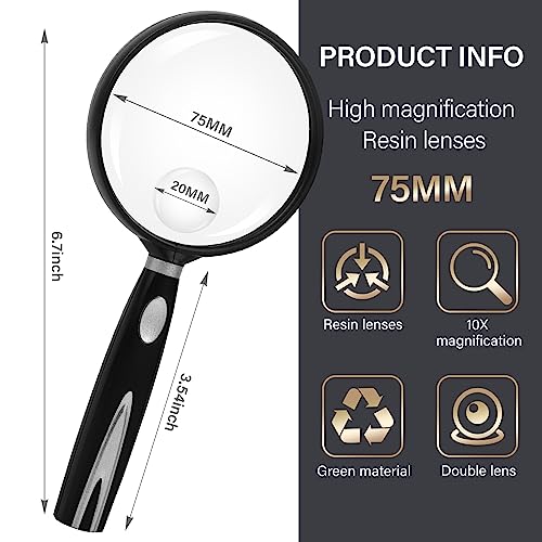 Image of Feosky Handheld Reading Magnifier, 10X Magnifier, 75mm Shatterproof Lens, Non-Slip Handle for Adults Close Work, Seniors Reading and Nature Exploration, Hobby Observation(Gold)