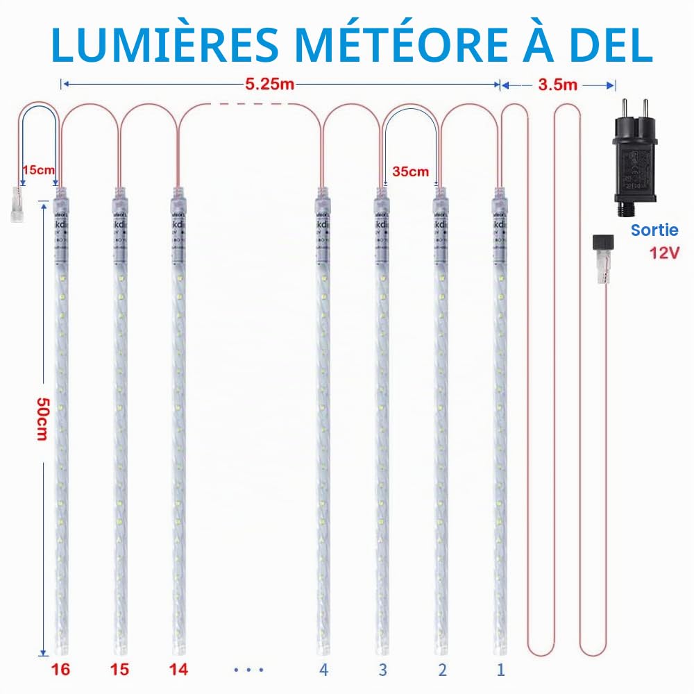 Lumières de Noël extérieures, Lumières de pluie de météores avec 16 tubes spirales (50cm 864 LEDs) longueur 5,25m, Lampe à glaçons étanche pour la décoration de Noël en extérieur, Blanc
