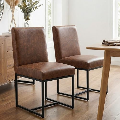 Image of HNY Modern Dining Chairs Set of 2, Upholstered Leather Dining Room Chairs with Ergonomic Back & Metal Frame for Home, Kitchen, Apartment, Brown
