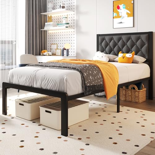 Twin Bed Frame with Headboard Linen Upholstered Bed Frame Platform,All Metal Slats Support Platform Bed Frame with Storage Space,Easy Assembly,Noise Free,No Box Spring Needed,Grey