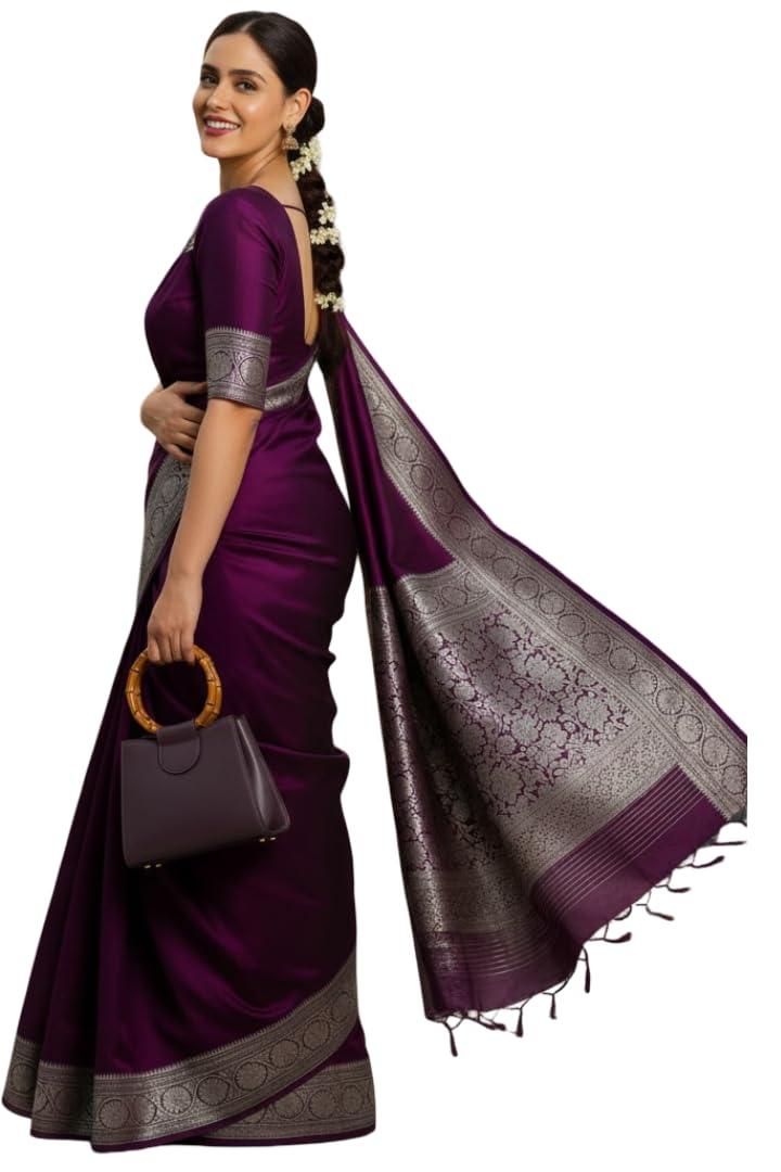 new collection Banarasi Wine Satin Kanjivaram Saree Silver Zari Pure Soft Blend Silk Saree Women Pure Kanchipuram Paithani Mysore Silk Pary Wedding Ladies Wine Color Sari with Blouse Piece-picture-53