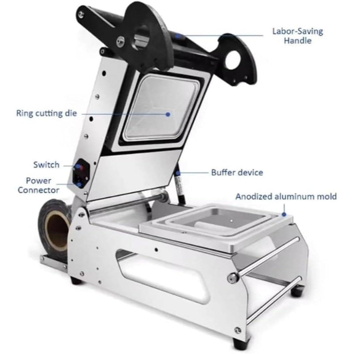 Máquina de sellado térmico para bandejas de carne, sellador de embalaje de alimentos a presión manual para cajas de comida para llevar con rollo de película de 180 mm de ancho, uso comercial