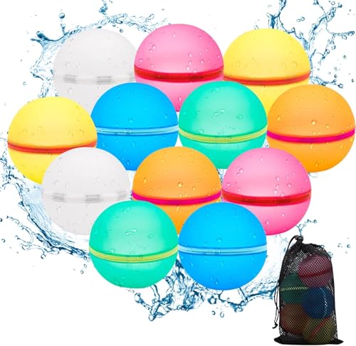 Wasserbomben Wiederverwendbar, Reusable Wasserballons mit Netzbeutel, Selbstdichtende Silikon Wasserbombe, Sommerspaß-Wasserspielzeug Pool Spielzeug für Party, Wasserpark, Familienspiel(12 Stück)