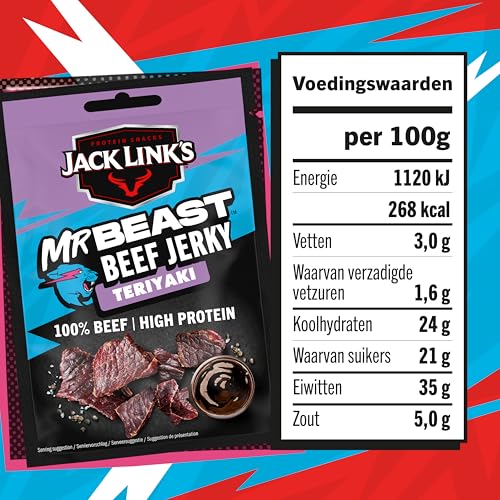 Jack Links Beef Jerky Teriyaki – 12er Pack (12 x 25g) – Trockenfleisch Eiweiß Snacks - High Protein Snack für Gym, Fitness, Outdoor - American Food für Menschen - Dörrfleisch Chips aus Rind Fleisch