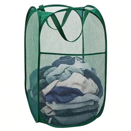 Image of Larpur Pop Up Laundry Hamper Collapsible Mesh Clothes Basket, Dark Green | Portable Laundry Hamper Foldable Dirty Clothes Hamper Storage for Home, Dorm, Travel, Cruise