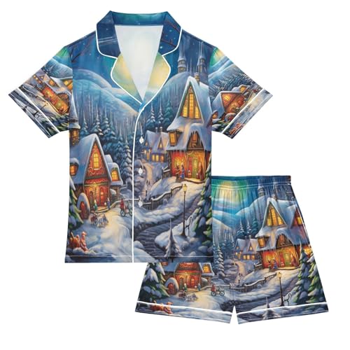 ALAZA Christmas Mountain Winter Castle Satin Pajamas Set Short Sleeve Button Down Sleepwear Summer Pjs 2 Piece