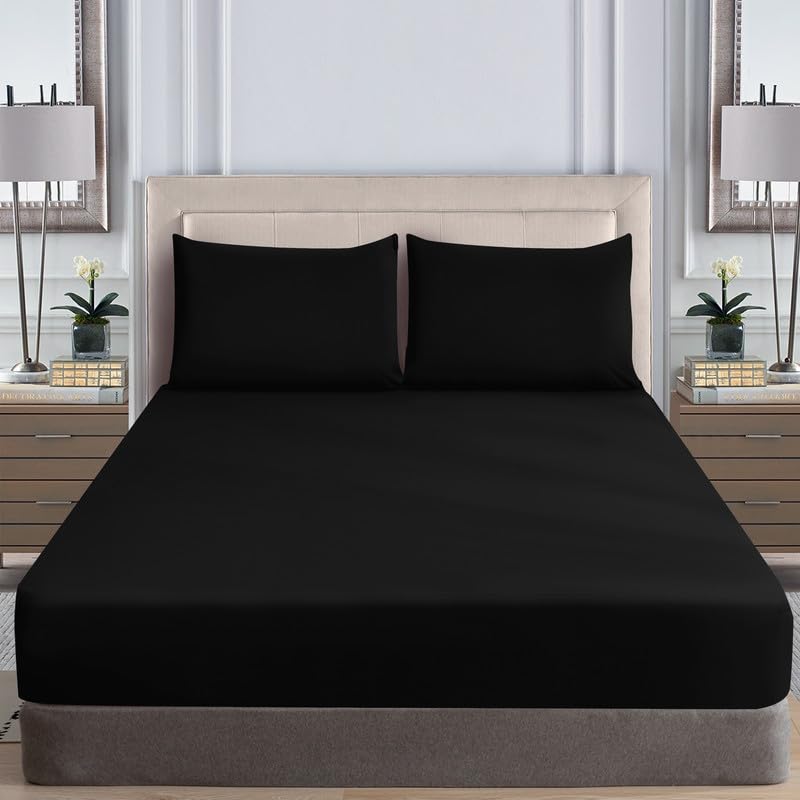 WEAVERS: Extra Deep Fitted Sheet - Super Soft Luxurious Microfiber, 40cm Deep Pockets, Elasticized design that ensures a snug fit. (Colour Black Size Single)