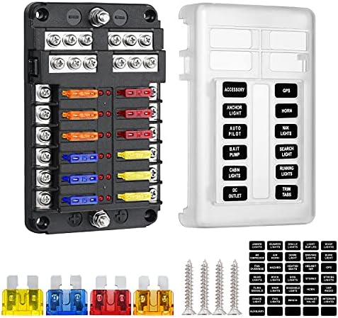 Deyooxi 12 Way 12V Blade Fuse Block,12 Circuit ATC/ATO Fuse Box Holder with LED Indicator Waterpoof Cover for 12V/24V Automotive Truck Boat Marine RV Van Vehicle (with 16 pcs Fuse)
