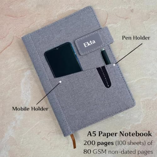 Image of Giftana Personalized Jute Diary with Pen Gift Set, Customized 2 in 1 Organiser Office Diaries Notebook A5 Size, Diwali Corporate Gifts for Employee (Grey)