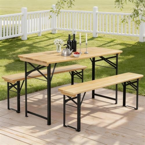 Bonnlo 3-teiliges Bierzeltgarnitur Gartenmöbel Set Picknick-Set mit 2 Bänken aus Tannenholz mit Metallgestell Faltbares Camping-Möbelset für Innen & Außen 113 5 × 50 × 74 5 cm Naturholzfarbe