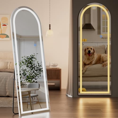 Image of Koonmi LED Arched Full Length Mirror, 65 inchx24 inch Full Length Mirror with Lights, Lighted Floor Mirrors with Stand, Full Body Mirrors with Dimming & 3 Color Lightingfor Living Room Cloakroom, White