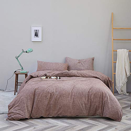 BFS HOME Stonewashed Cotton Linen Duvet Cover Set (Chocolate, Queen)